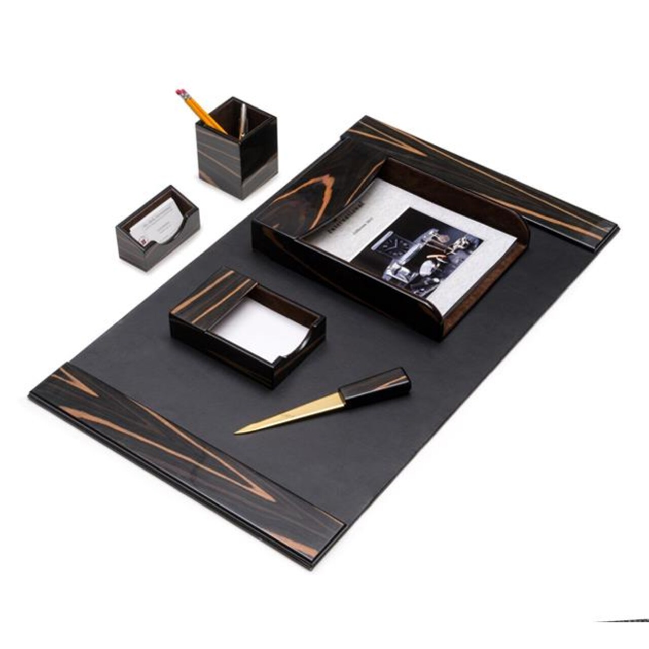 Bey-Berk International Ebony Wood & Black Leather Desk Set - 6 Piece